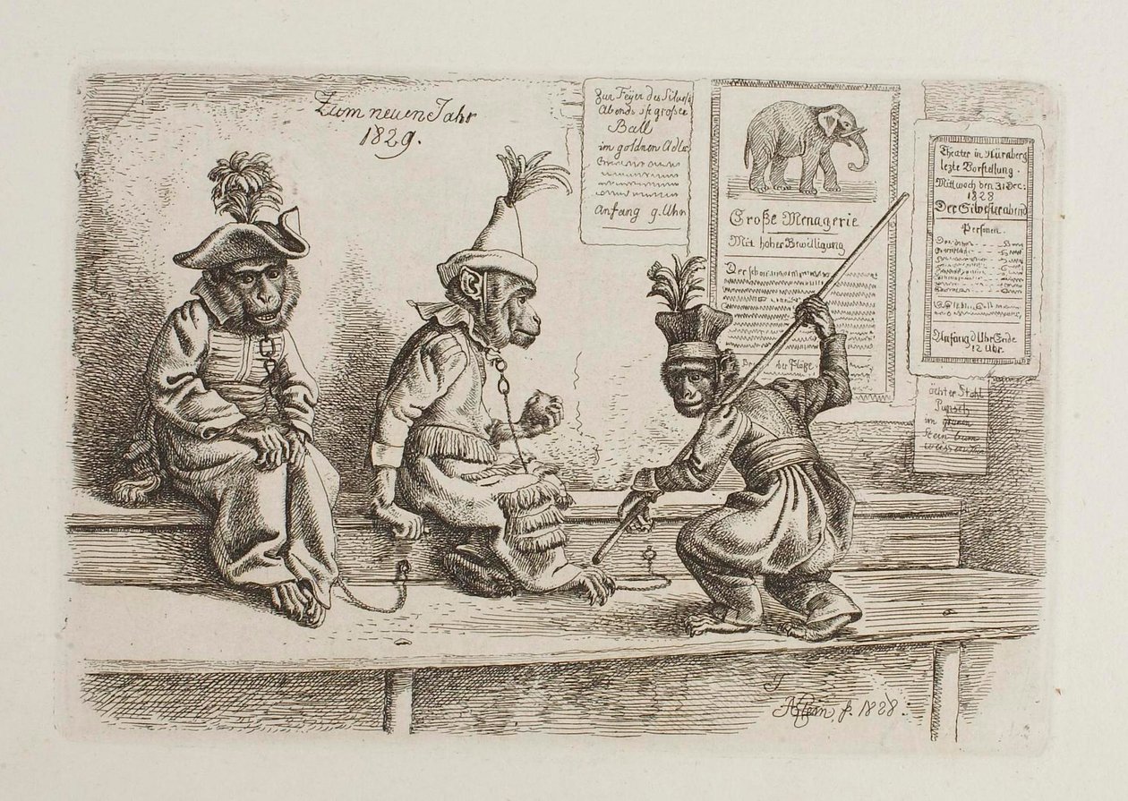Voor het nieuwe jaar 1829. Apen door Johann Adam Klein