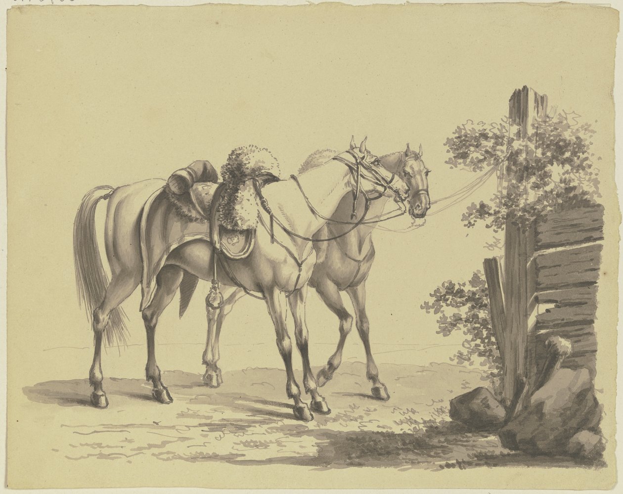 Twee gezadelde militaire paarden, vastgebonden aan een paal door Johann Adam Klein
