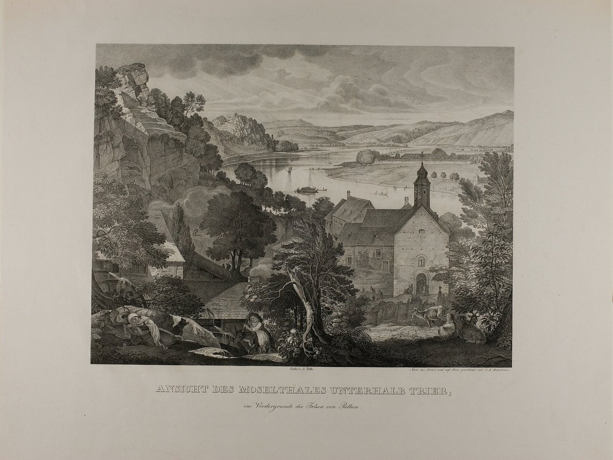 Moezeldal onder Trier met de rotsen van Pallien op de voorgrond door Johann Anton Alban Ramboux