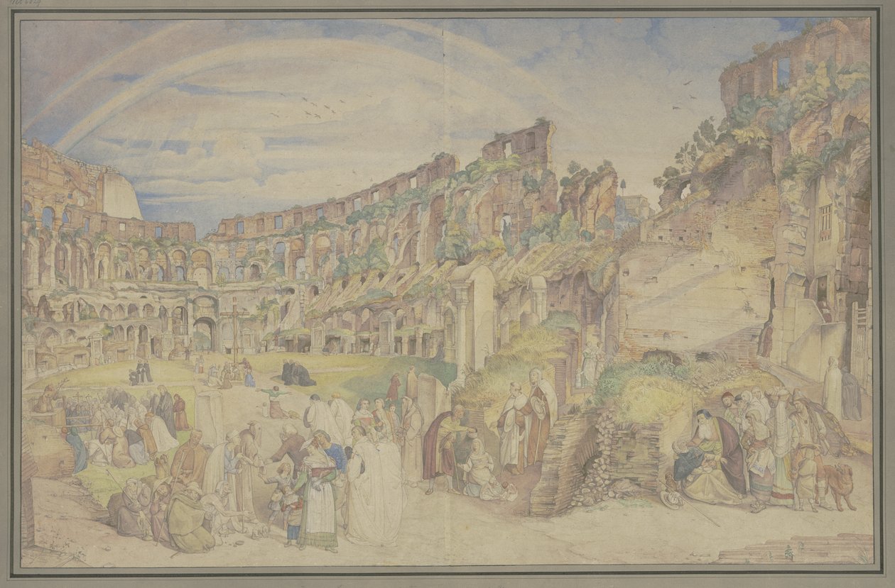 Binnenaanzicht van het Colosseum in Rome met taferelen uit het Italiaanse volksleven door Johann Anton Ramboux
