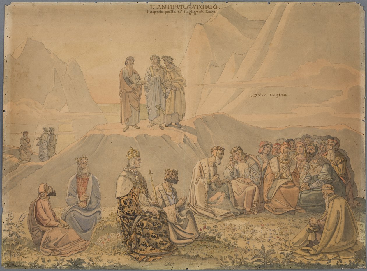 Hier vindt Dante de zielen van vorsten die, uitsluitend vervuld van zorgen om het regeren, verzuimden boete te doen en zich nu op een groene, bloemrijke weide moeten reinigen door Johann Anton Ramboux