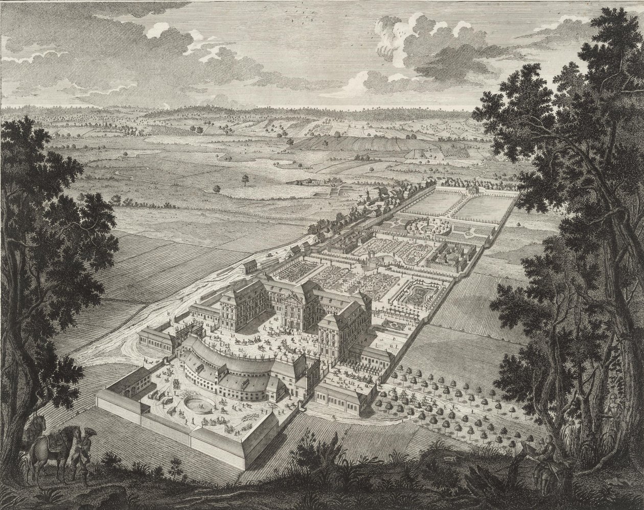Perspectivisch vogelzicht van de menagerie op Slot Weißenstein in Pommersfelden door Johann August Corvinus