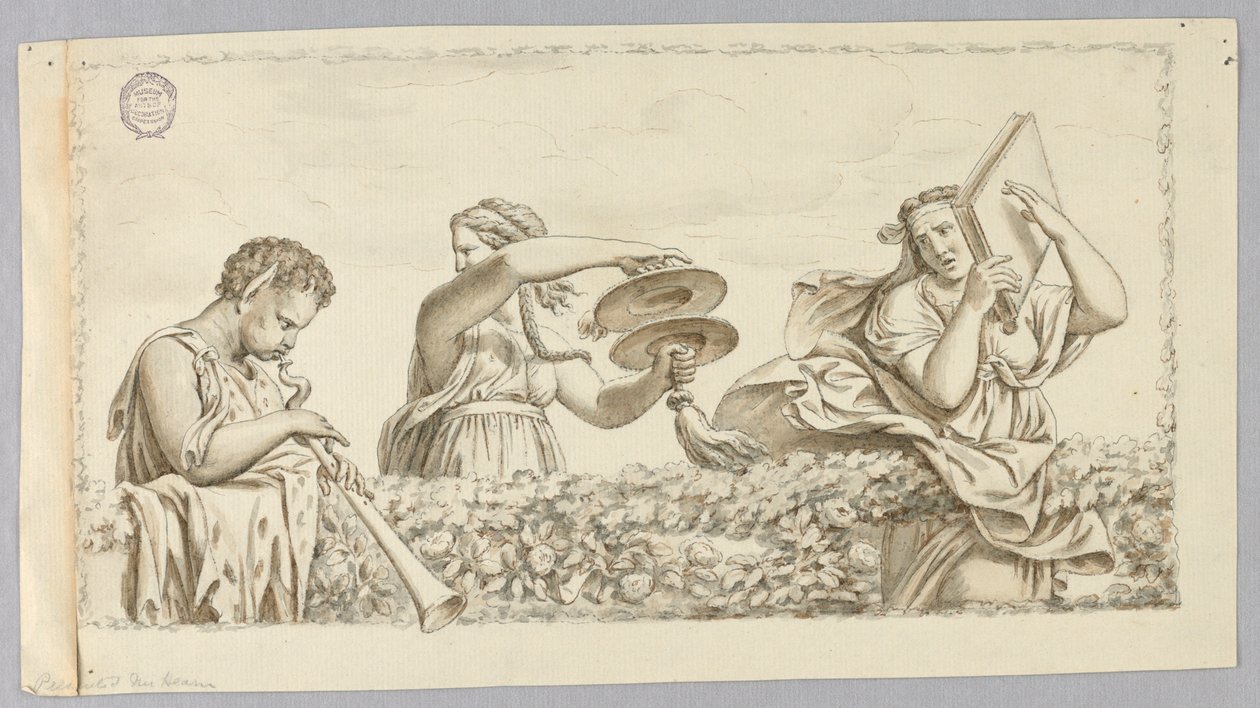 Een satyr jongen speelt fluit, een meisje met cimbalen, een vrouw met een boek door Johann August Nahl the Younger