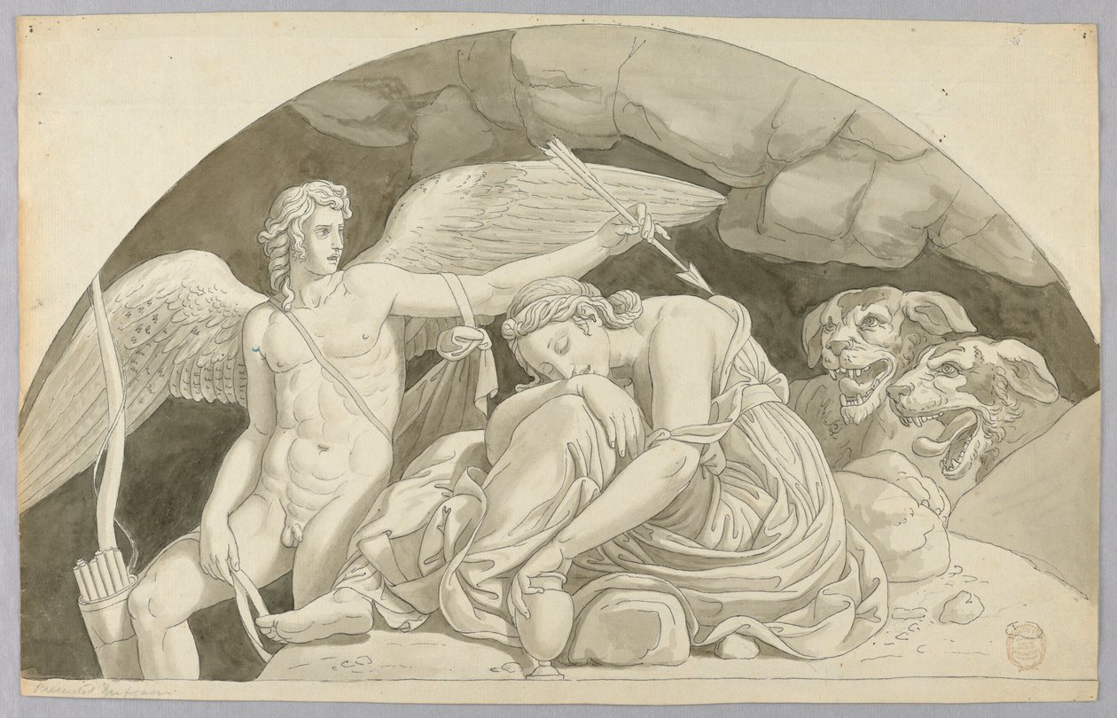 Cupido wekt Psyche die is overweldigd door de inhoud van de vaas gevuld door Proserpina door Johann August Nahl the Younger