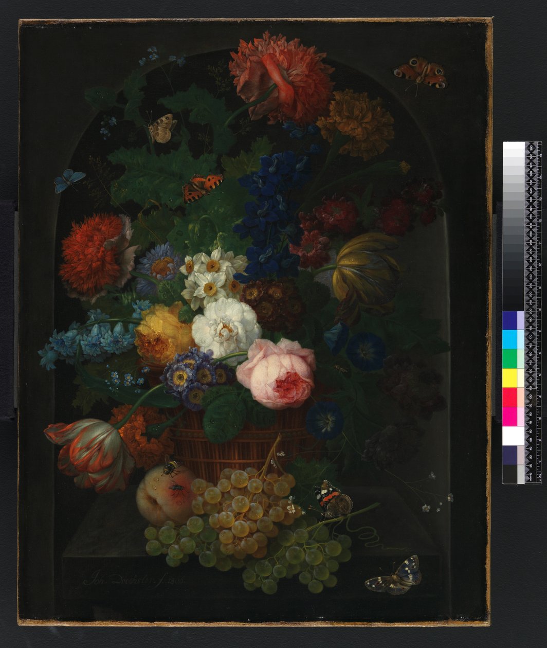 Een mand met bloemen en fruit door Johann Baptist Drechsler