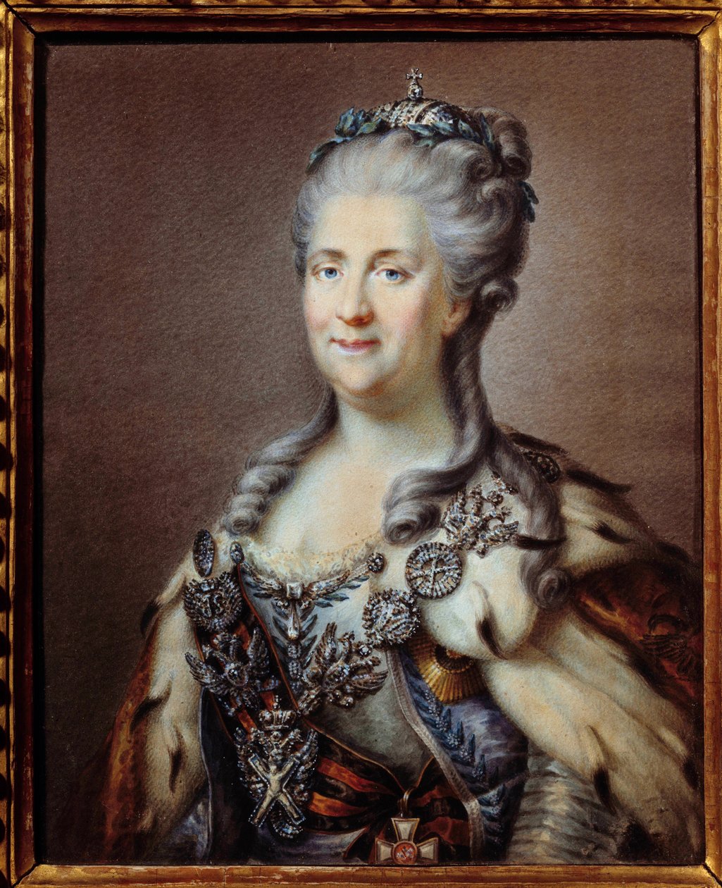 Portret van Catharina II (1729-1796) keizerin van Rusland met de ketting van Sint Andreas en het lint van het kruis van Sint Joris Anonieme aquarel van de 18e eeuw, naar het schilderij van Johann Baptist von Lampi (1751-1830) Parijs, museum door Johann Baptist I (after) Lampi