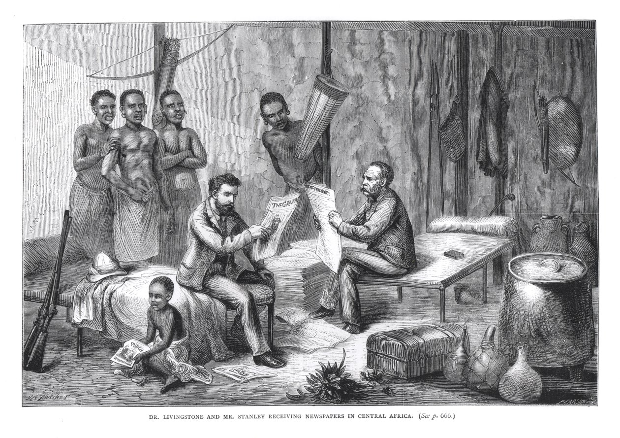 Dr. David Livingstone (1813-73) en Mr. Henry Morton Stanley (1841-1904) ontvangen kranten in Centraal-Afrika, gegraveerd door Pearson door Johann Baptist Zweecker