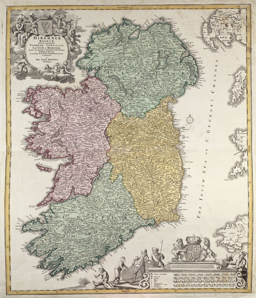 Kaart van Ierland met de provincies Ulster, Munster, Connaught en Leinster, door Johann B. Homann, ca.1730 (handgekleurde gravure) door Johann Baptista Homann