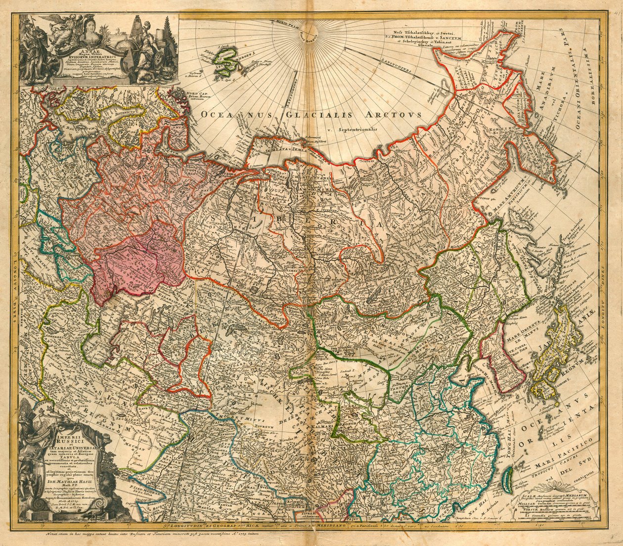 Kaart van Rusland (Uit: Imperii Russici et Tartariae universae tam majoris et Asiaticae quam minoris et Europaeae tabula) door Johann Baptista Homann