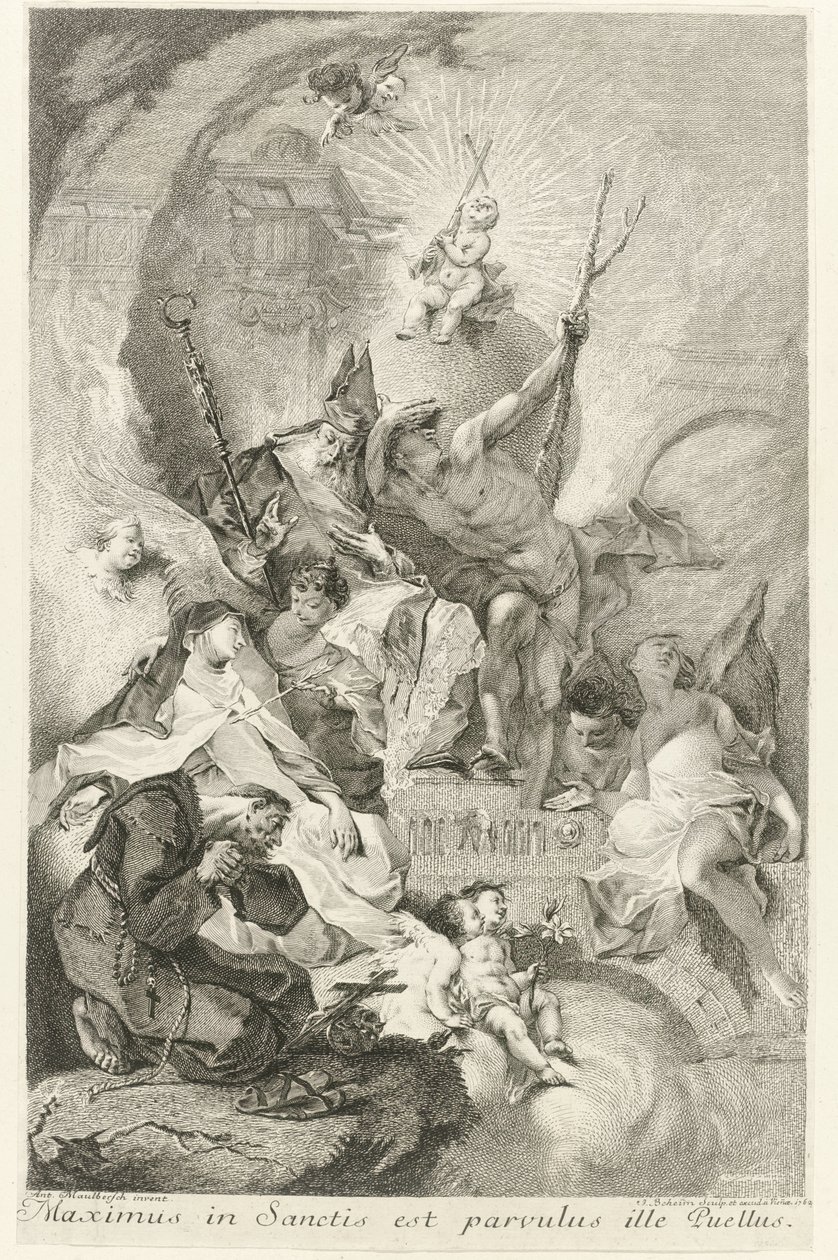 Het Christuskind als Salvator Mundi met verscheidene heiligen en paus Clemens XIII door Johann Beheim