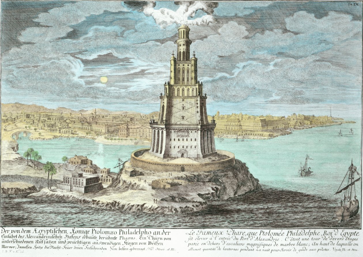 Vuurtoren van Alexandrië, gebouwd door Ptolemaeus de Grote, Egypte, uit Entwurf einer historischen Architektur, gegraveerd door Johann Adam Delsenbach, 1721 door Johann Bernhard Fischer von Erlach