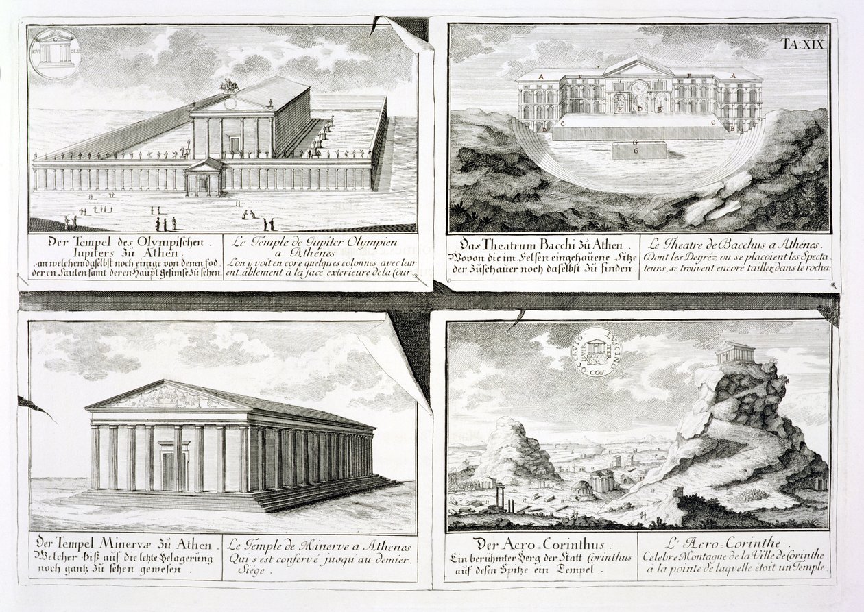 Zichten op vier klassieke gebouwen: De Tempel van Olympische Zeus, het Theater van Dionysus in Athene, de Tempel van Athena in Athene en een Tempel in Korinthe, uit Entwurf einer historischen Architektur door Johann Bernhard Fischer von Erlach