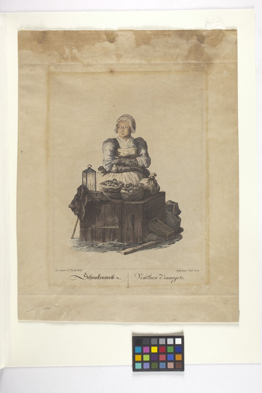 Schneckenweib of Vendeuse Des Escargots (Slakkenverkoopster) door Johann Christian (after) Brand