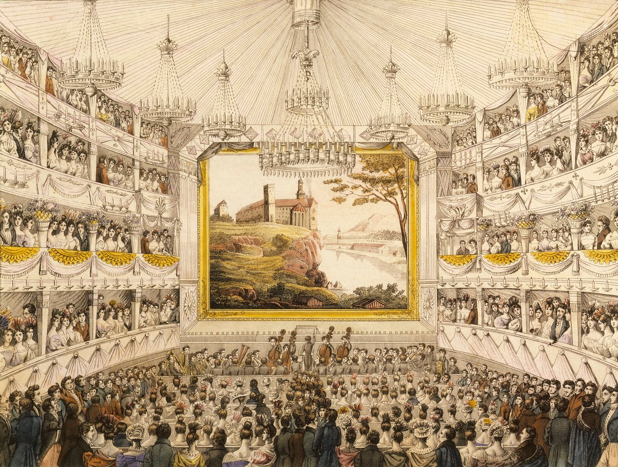 Oostenrijk, Wenen, Interieur van het Theater an der Wien, ingekleurde prent door J.C. Schoeller door Johann Christian (after) Schoeller