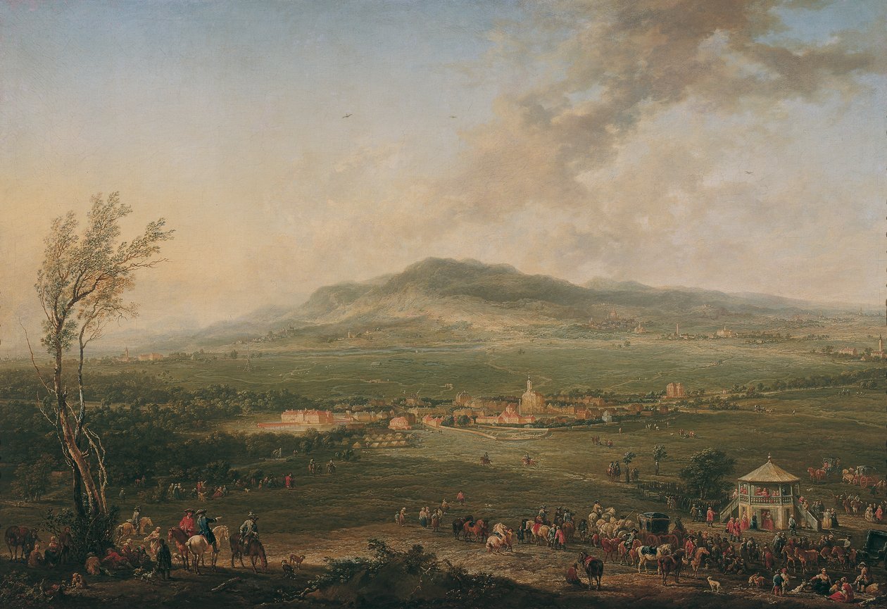 Laxenburg vanaf het Lusthaus op de Hanawiese richting Mödling door Johann Christian Brand