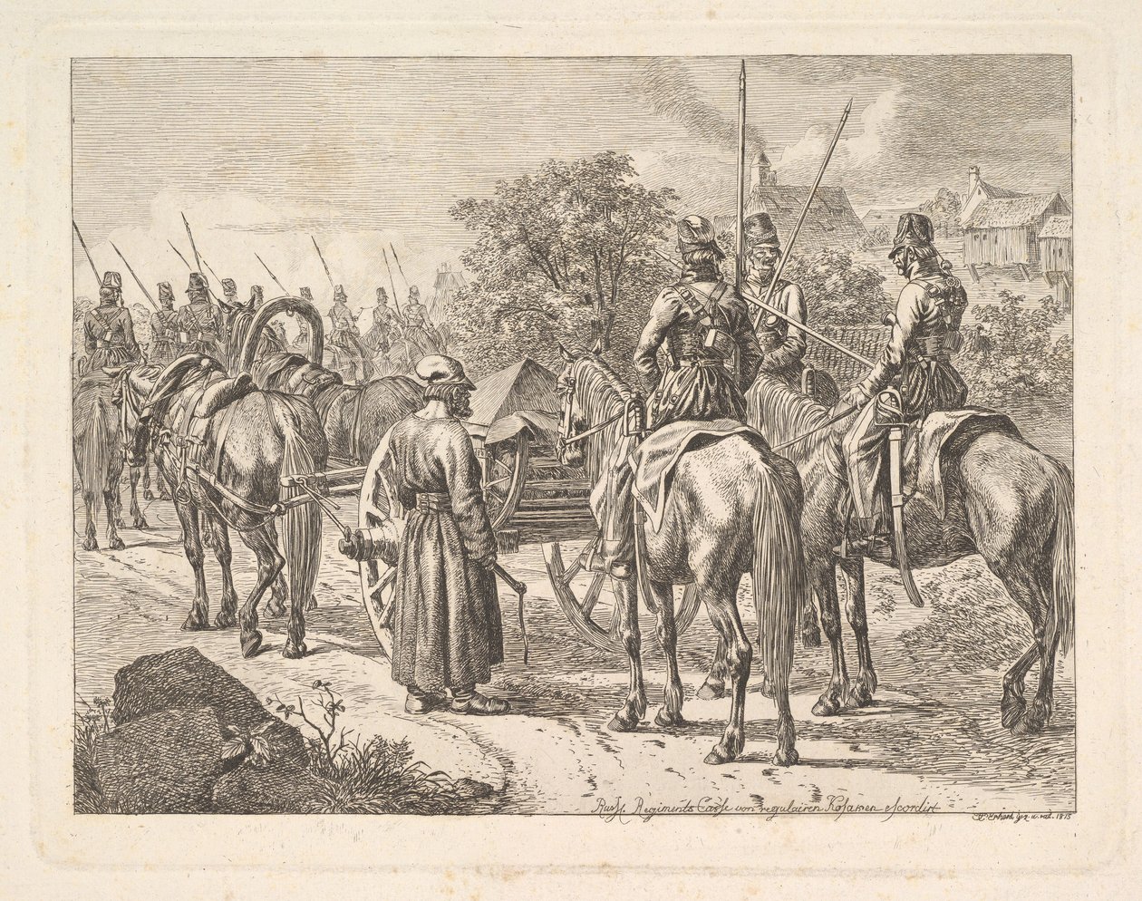 Kozakken begeleiden de regimentscassone door Johann Christian Erhard