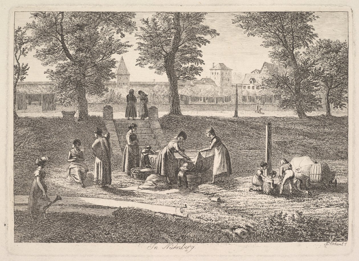 Buitenscène van vrouwen in huishoudelijke activiteiten in Neurenberg, 19e eeuw door Johann Christian Erhard