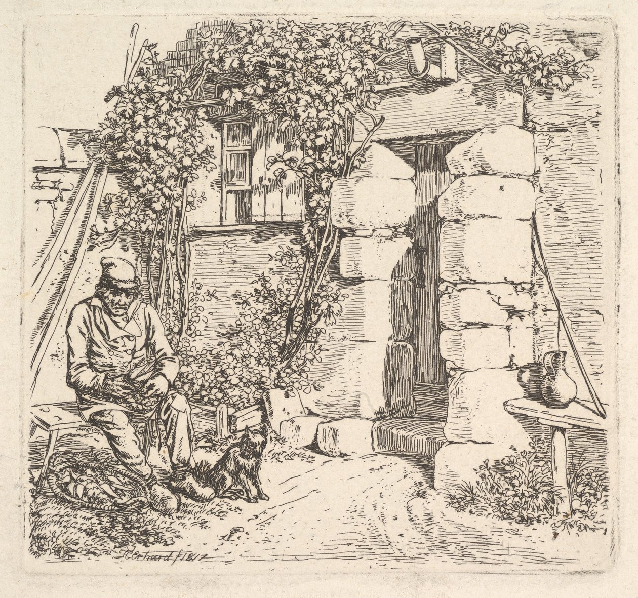 De oude man en zijn Pomeranian hond, 1817 door Johann Christian Erhard