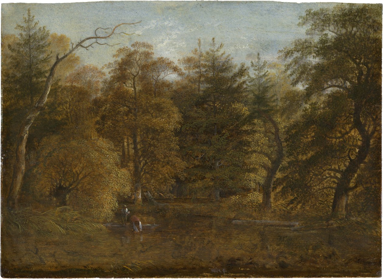 Boslandschap met een vijver door Johann Christian Klengel