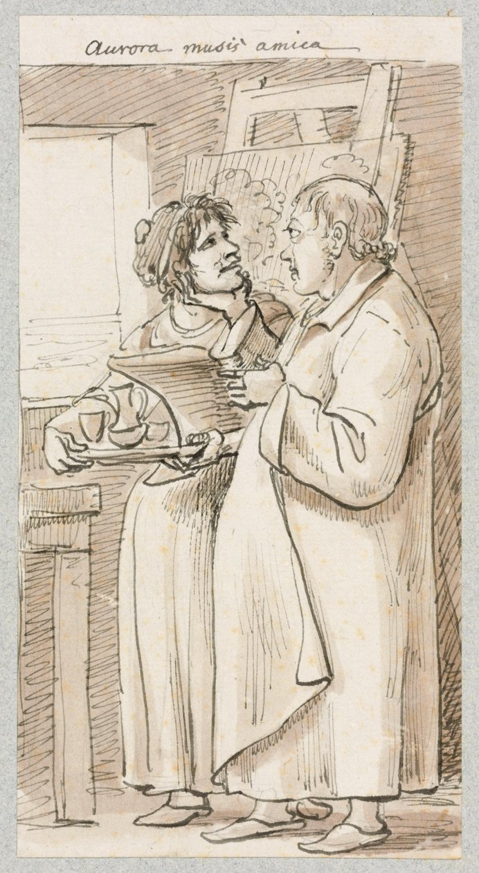 Een oudere man in een lange rok en een vrouw met een koffieservies in haar handen, staande voor een schildersezel door Johann Christian Reinhart