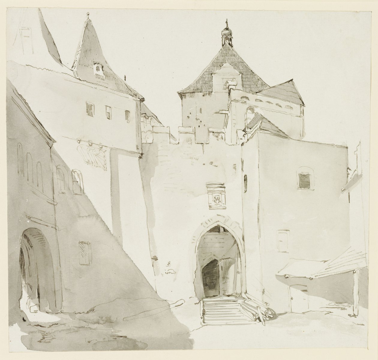 Oude stadspoort en aangrenzende gebouwen door Johann Christian Reinhart