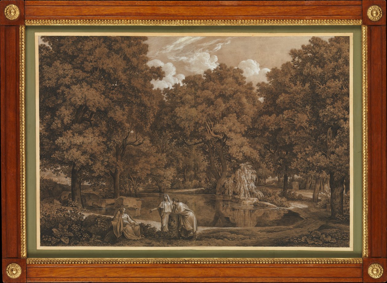 Arcadisch landschap met drie figuren bij een meer door Johann Christian Reinhart