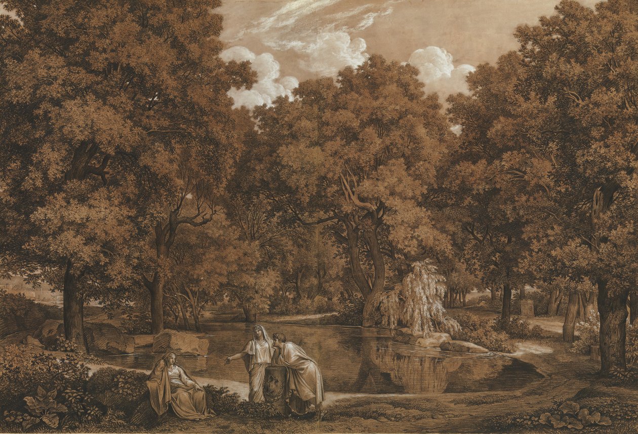 Arcadisch Landschap met Drie Figuren bij een Meer door Johann Christian Reinhart