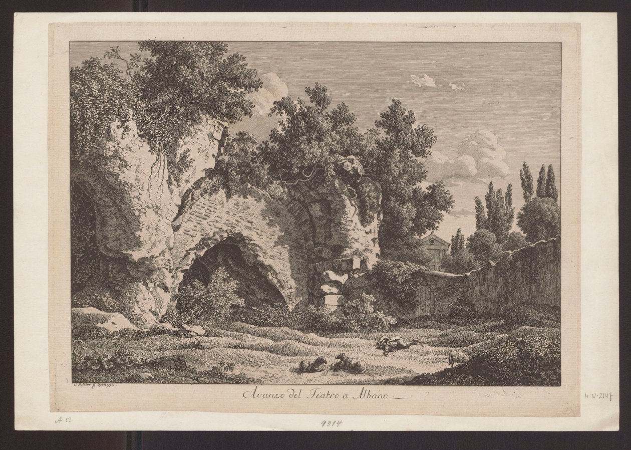 Gezicht op het theater in Albano (Herder met schapen tussen ruïnes) door Johann Christian Reinhart
