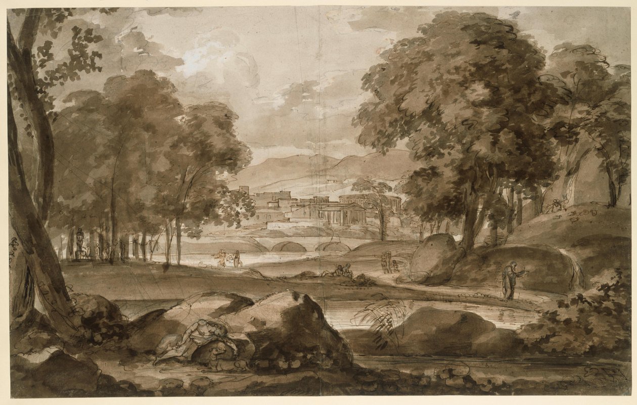 Uitgestrekt boslandschap met een antieke stad en figuratieve versieringen door Johann Christian Reinhart