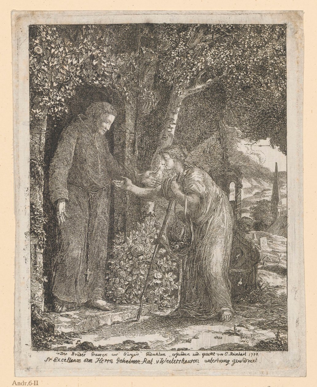 Illustratie bij de ballade van A.G. Bürger “Broeder Graurock en de pelgrimsvrouw” door Johann Christian Reinhart