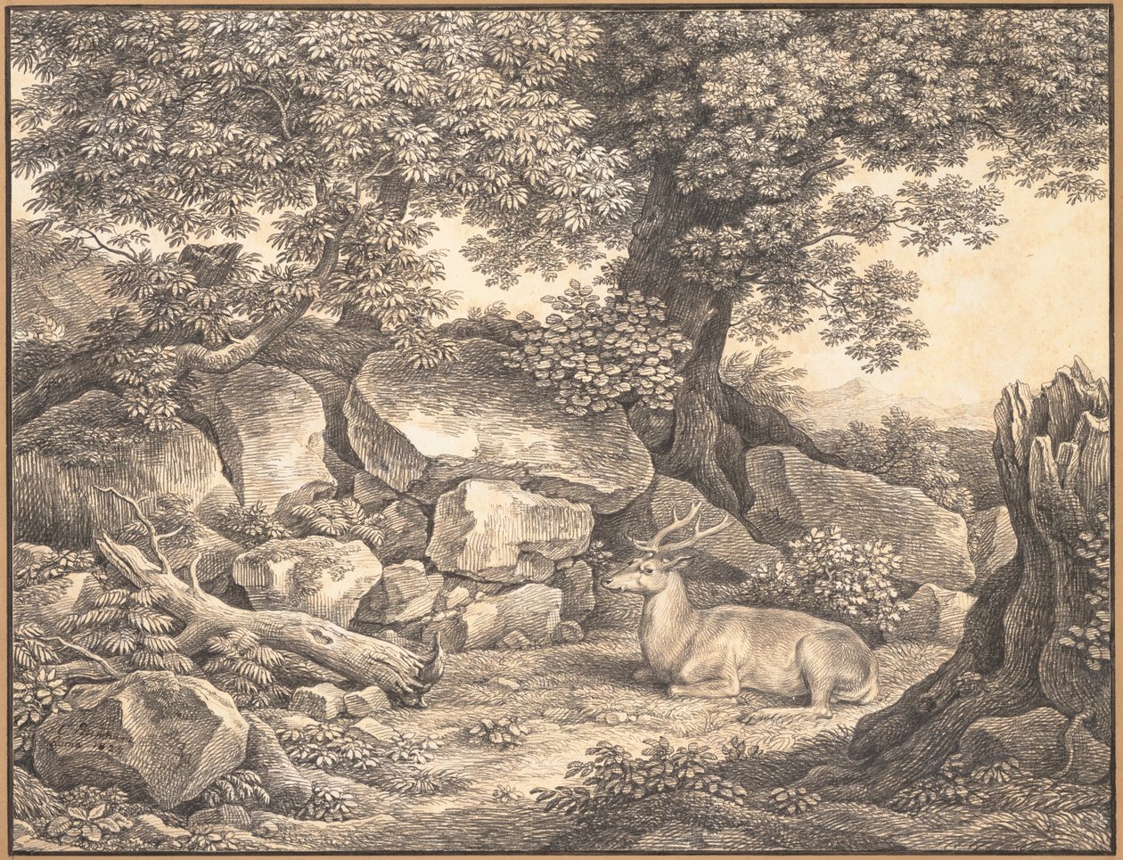 Italiaans landschap met bomen, rotsen en een rustend hert door Johann Christian Reinhart