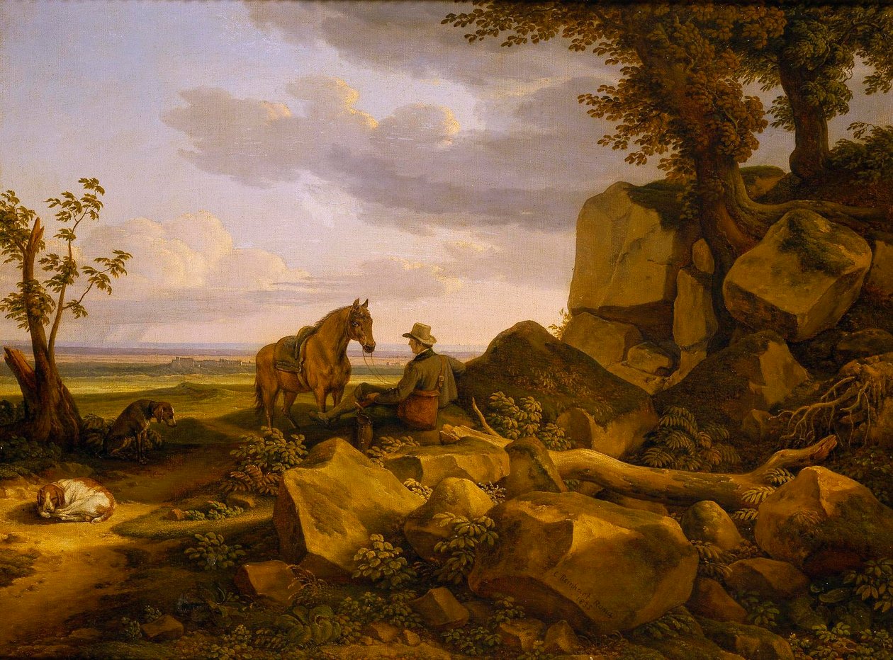 Italiaans landschap met rustende jager, zelfportret door Johann Christian Reinhart