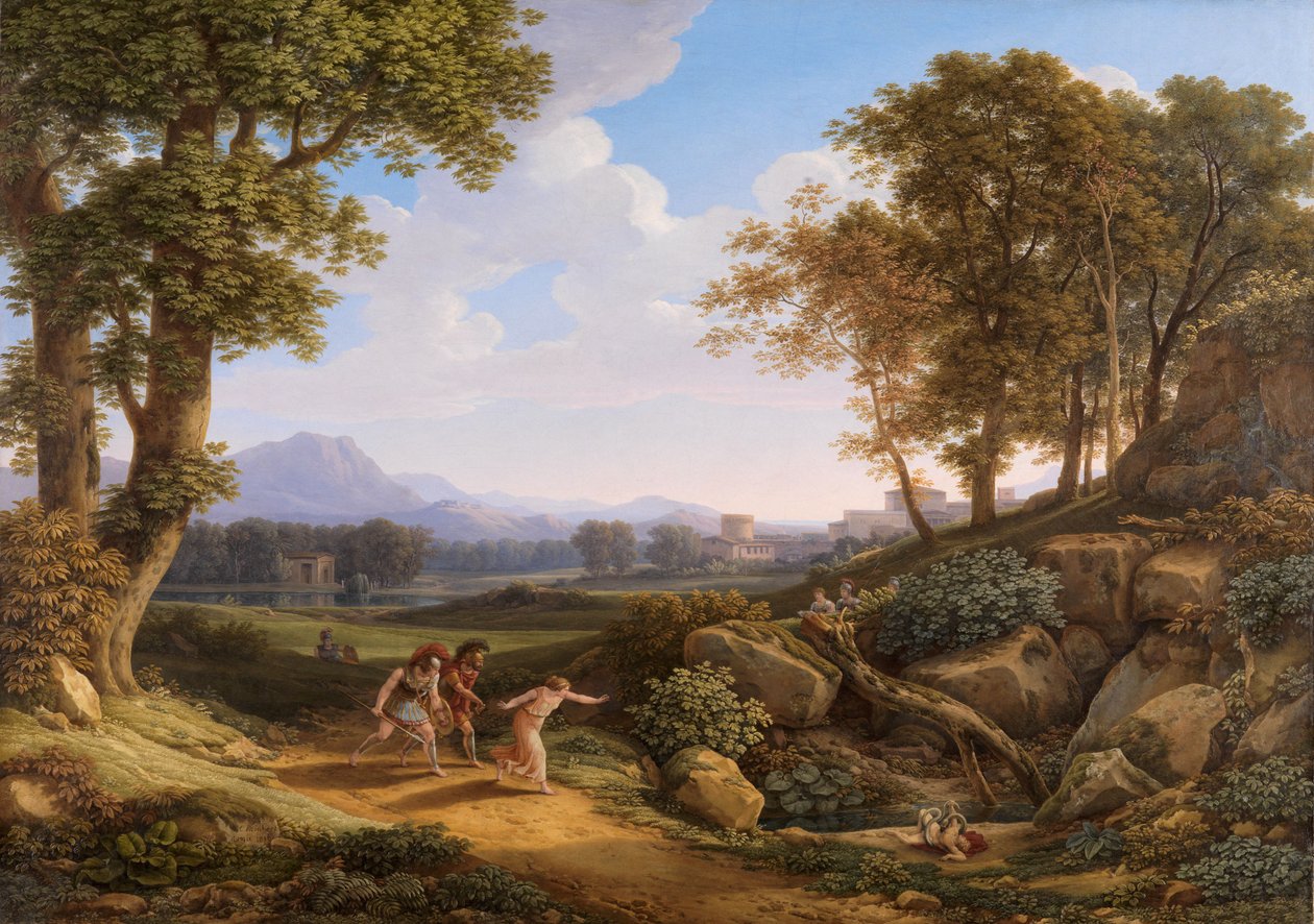 Klassiek landschap met Archemorus en Hypsipyle door Johann Christian Reinhart