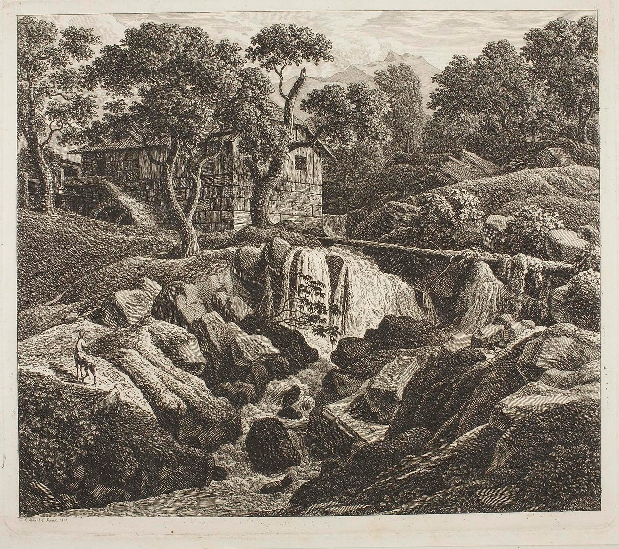 Landschap met molenrad door Johann Christian Reinhart
