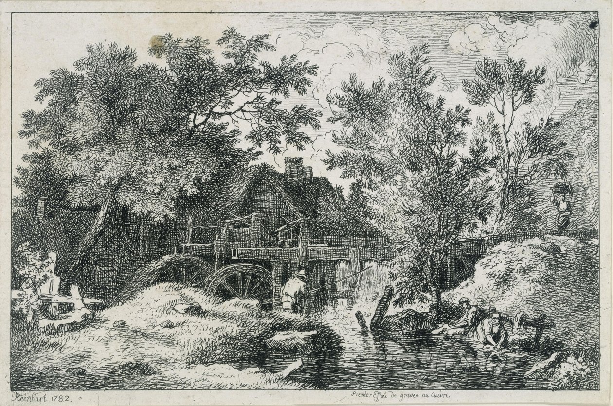 Landschap met watermolen (eerste poging tot kopergravure) door Johann Christian Reinhart