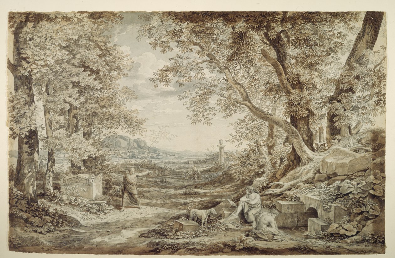 Landschap met antieke monumenten („De uitvinding van het Korinthische kapiteel“) door Johann Christian Reinhart