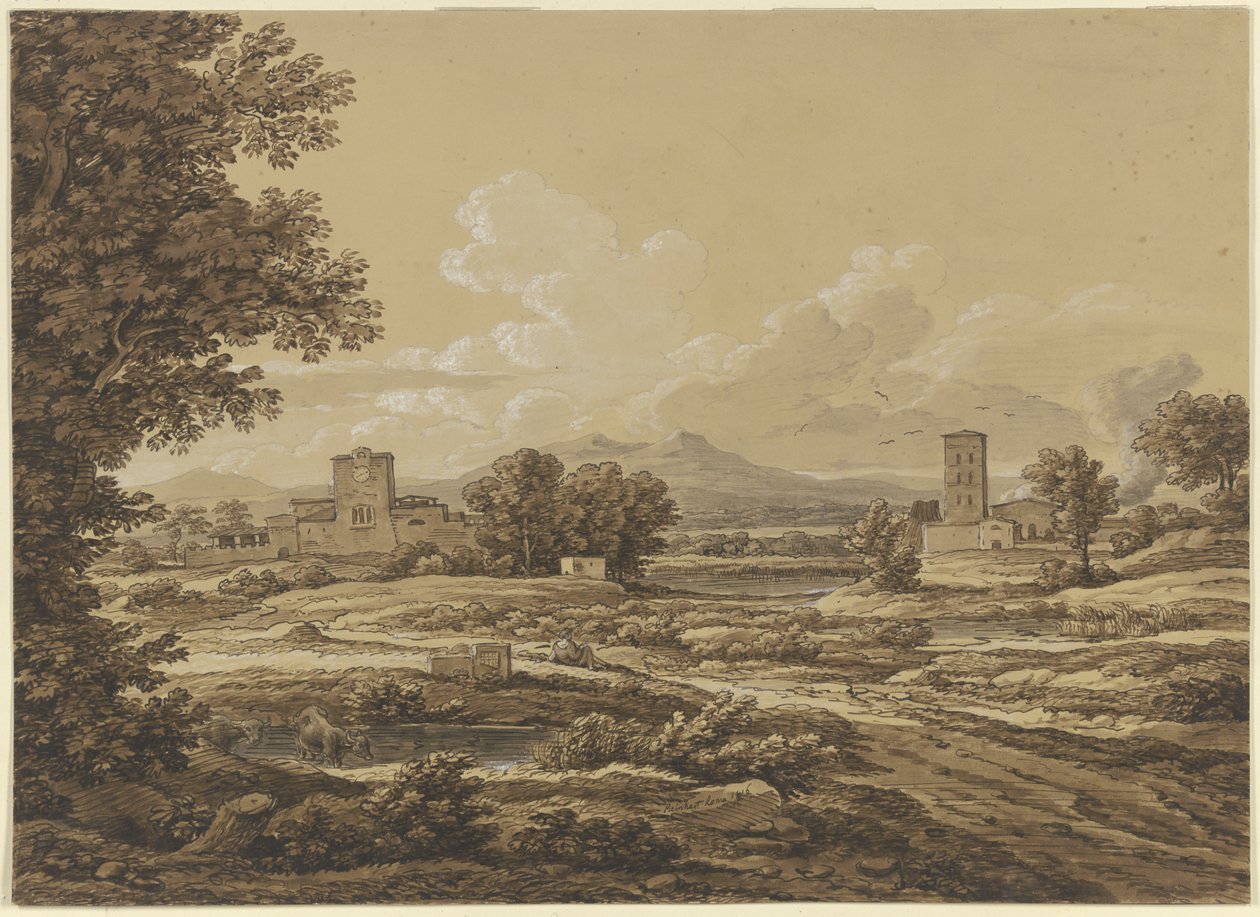 Landschap met de Torre del Quinto bij Rome door Johann Christian Reinhart