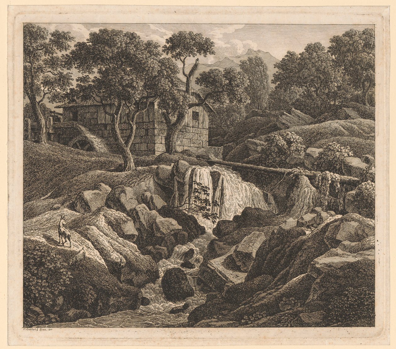 Landschap met waterval door Johann Christian Reinhart