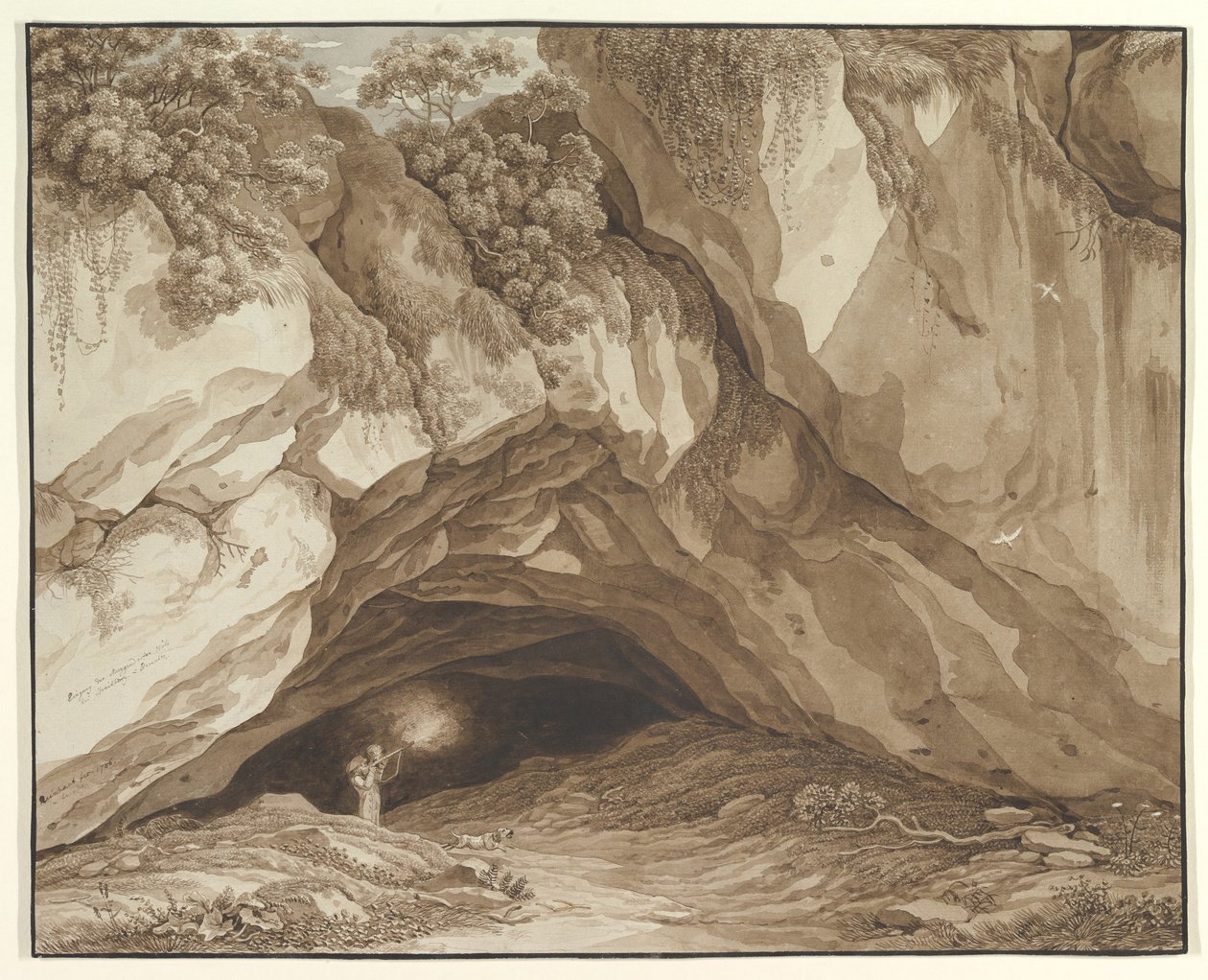 Rotsachtig landschap met jagers door Johann Christian Reinhart