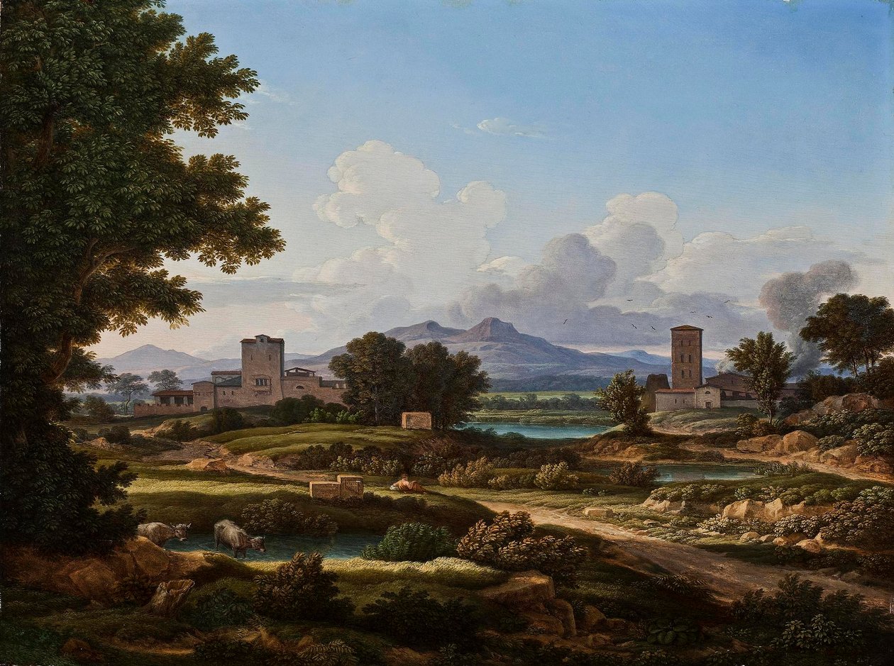 Romeins landschap, samengesteld met elementen van de Torre del Quinto door Johann Christian Reinhart