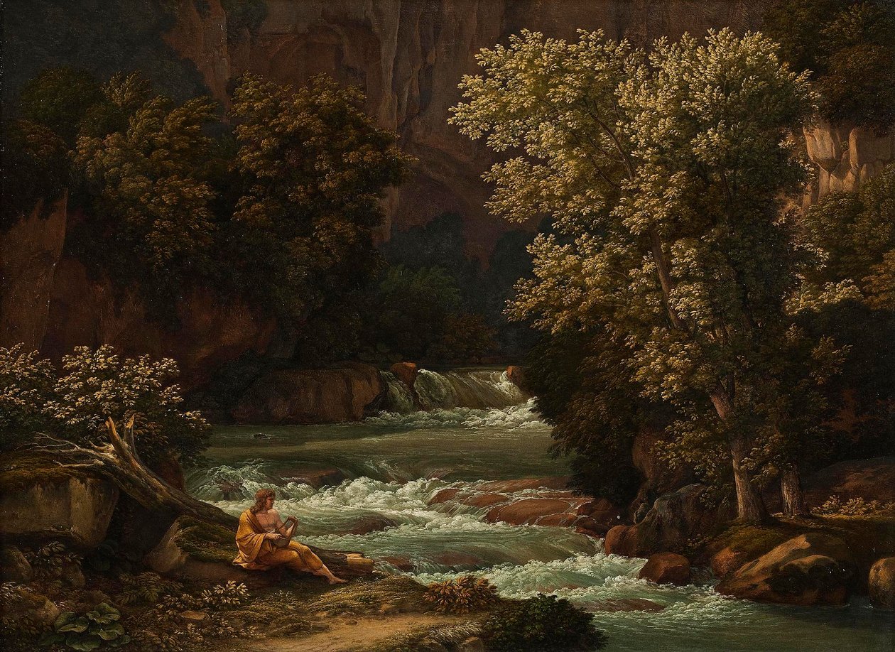 Gezicht op de Ponte Lupo bij Tivoli, met een persoon die op de lier speelt op de voorgrond door Johann Christian Reinhart
