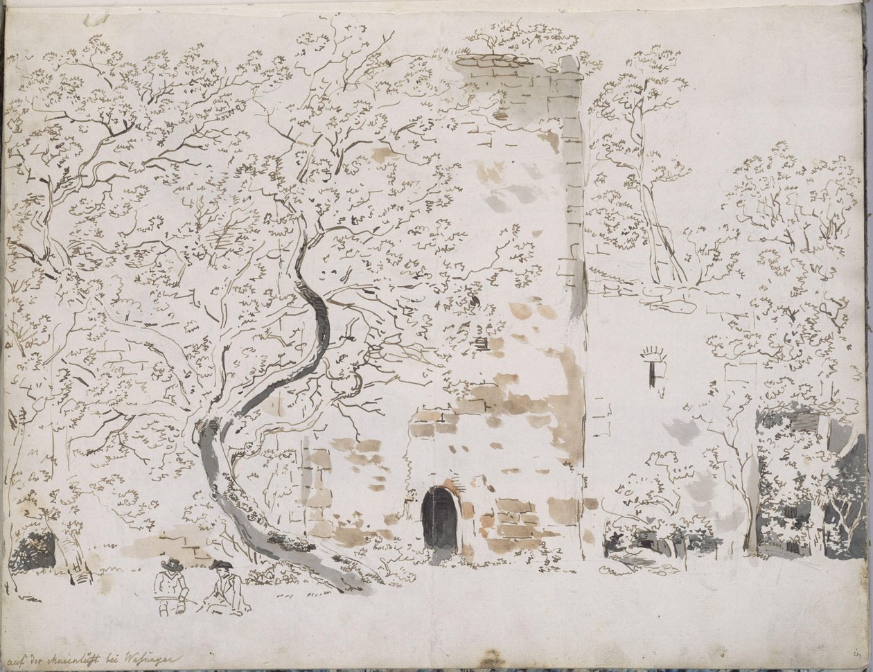 Twee tekenaars voor een kasteel achter bomen: in de Maienlust bij Wasungen door Johann Christian Reinhart