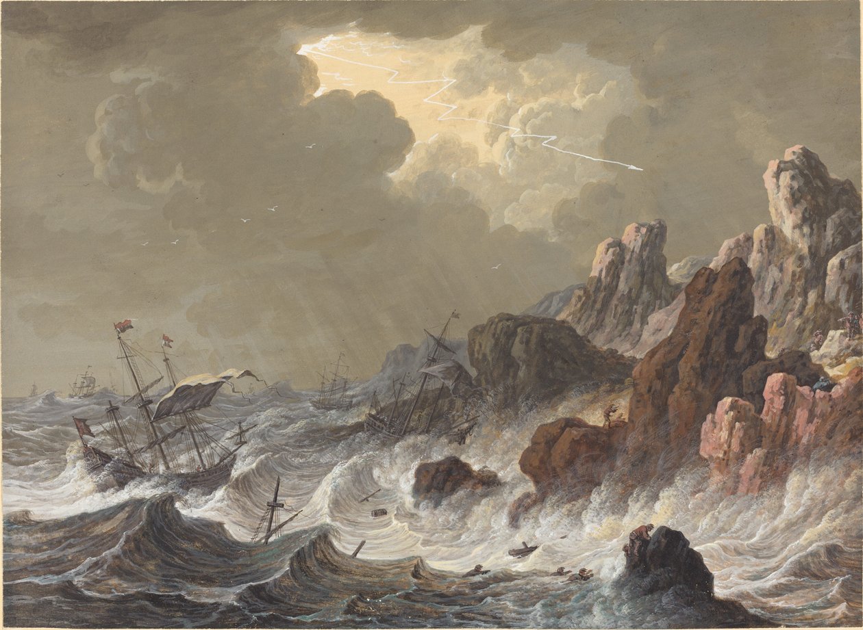Door Storm Verwoeste Schepen op een Rotsachtige Kust door Johann Christoph Dietzsch