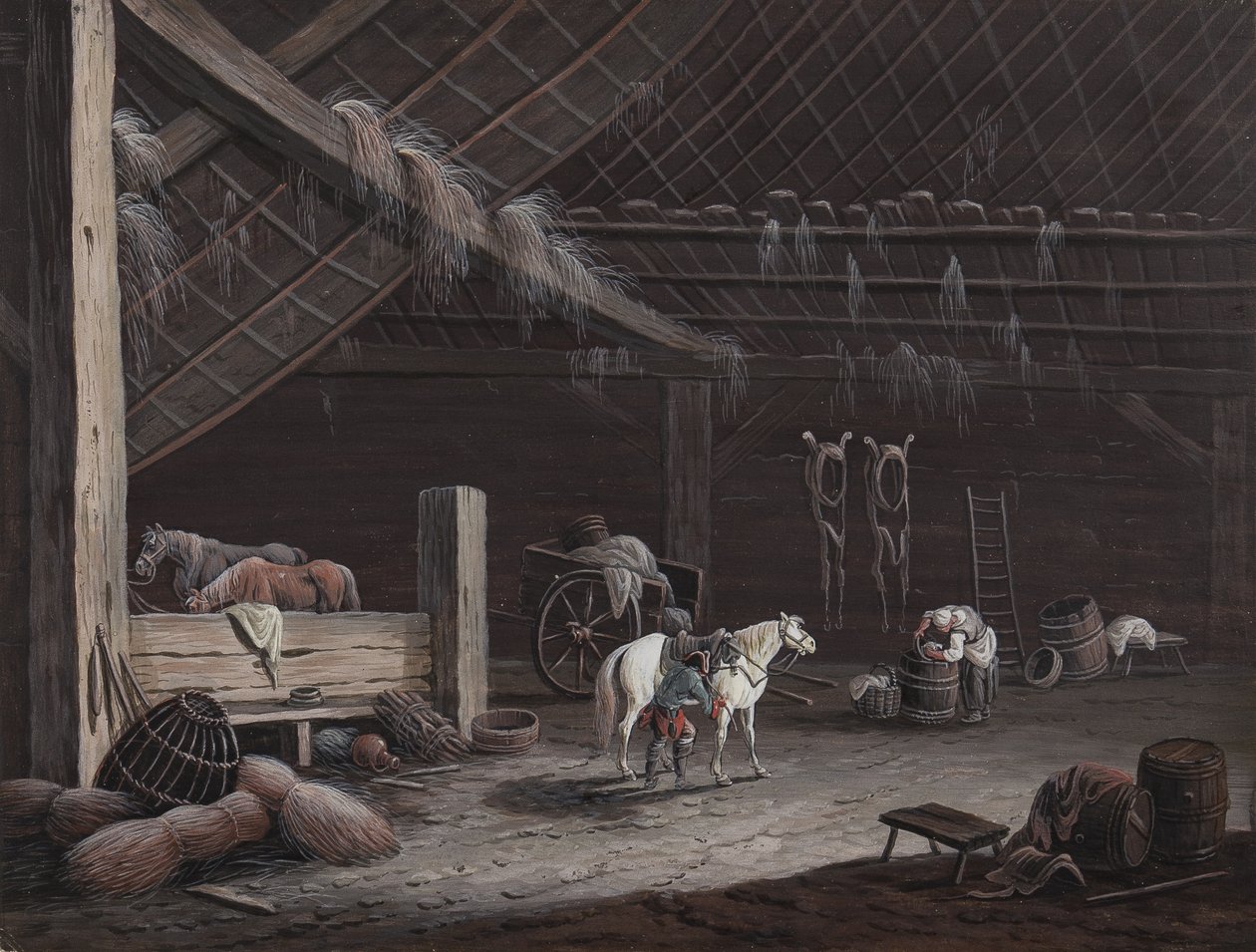 Het witte paard: schuurinterieur door Johann Christoph Dietzsch