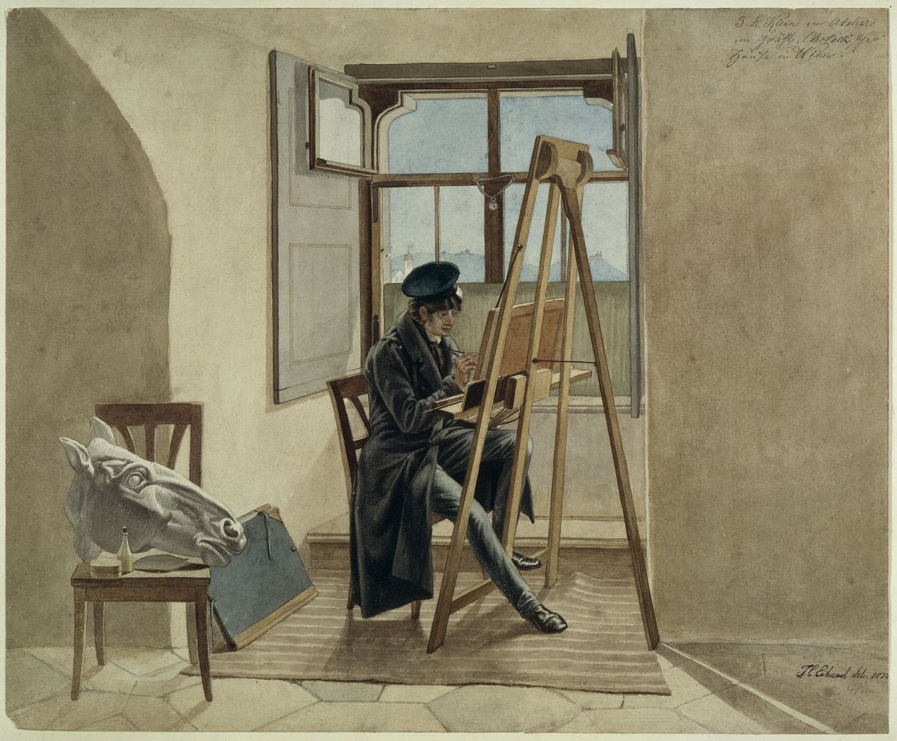 De schilder Johann Adam Klein aan de ezel in zijn atelier in het grafelijke Chotekpaleis in Wenen door Johann Christoph Erhard