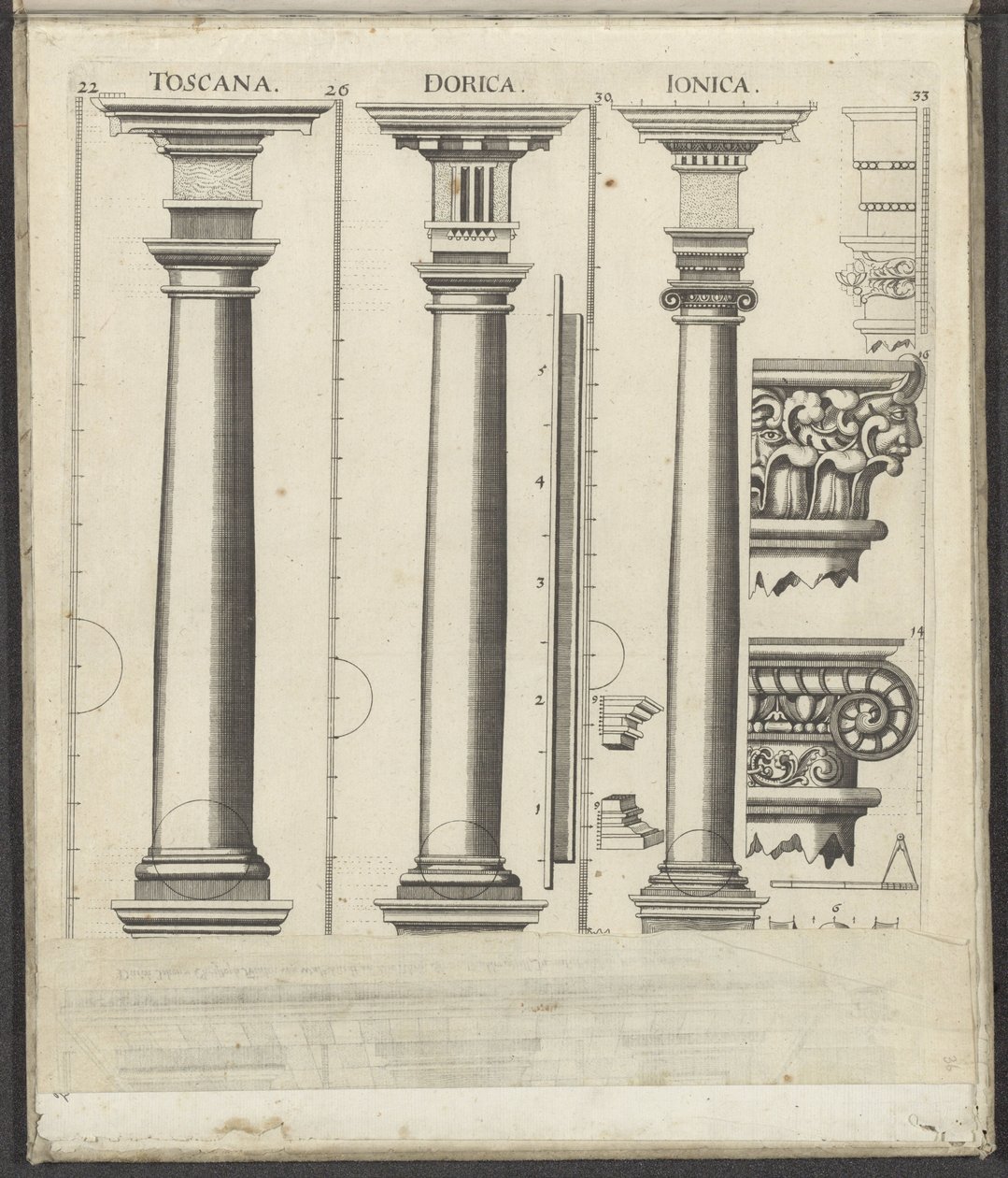Drie zuilen van de Toscaanse, Dorische en Ionische orde door Johann Christoph Feinlein