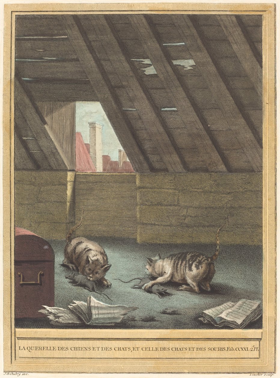 De ruzie van katten en honden, en die van katten en muizen door Johann Christoph Teucher after Jean Baptiste Oudry