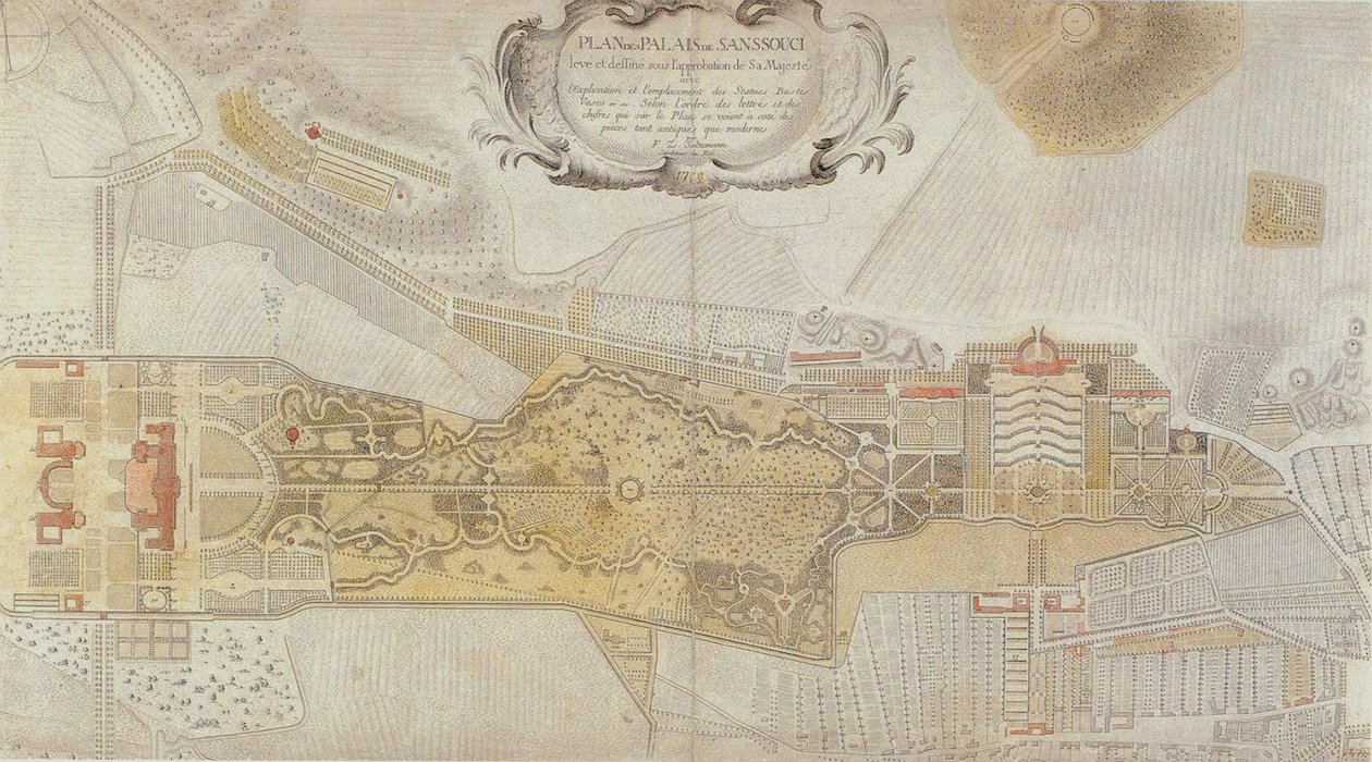 Plan van het Fredericiaanse Park van Sanssouci in Potsdam, 1772 door Johann David Schleuen