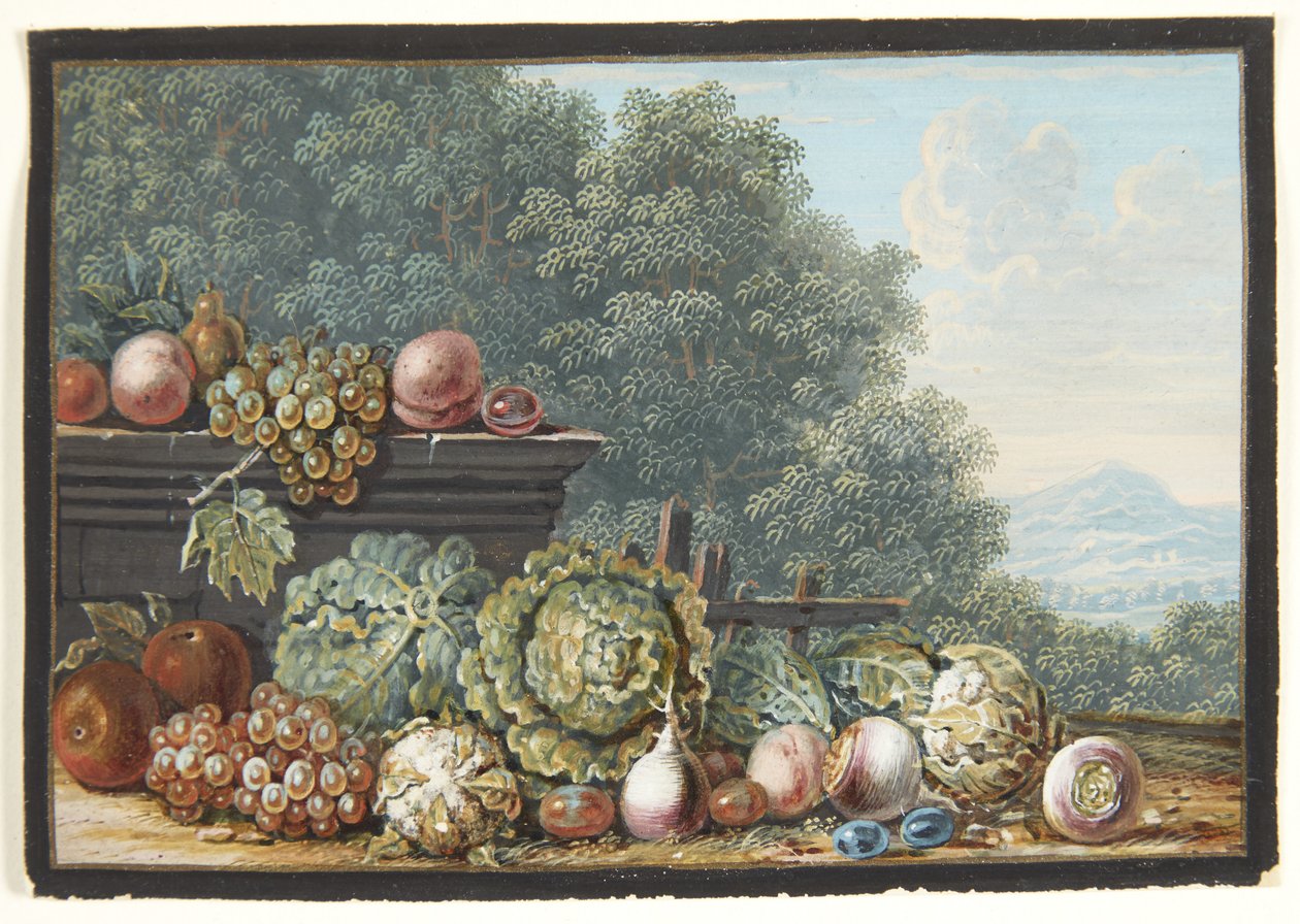 Een stilleven met groenten en fruit. Op de achtergrond uitzicht op een zuidelijk berglandschap door Johann Dietzsch