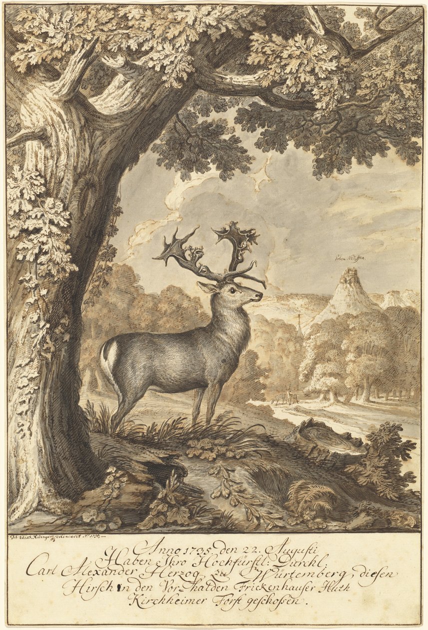 Een Hert onder een Machtige Eik door Johann Elias Ridinger